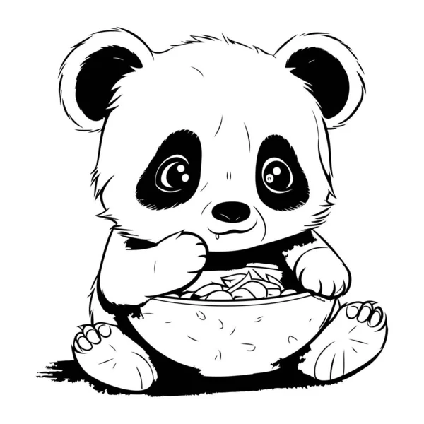 Panda Comendo Uma Tigela Cereais Ilustração Vetorial Preto Branco — Vetor de Stock