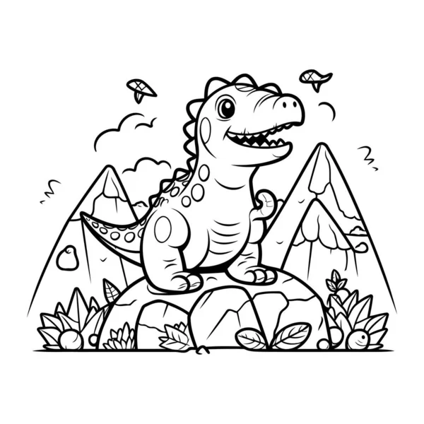 Netter Cartoon Dinosaurier Sitzt Auf Einem Stein Malbuch Für Kinder — Stockvektor