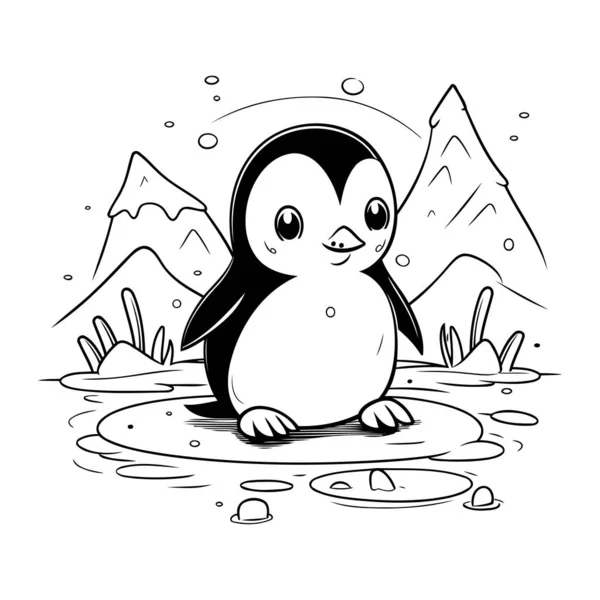 Pinguim Bonito Numa Poça Ilustração Vetorial Preto Branco — Vetor de Stock
