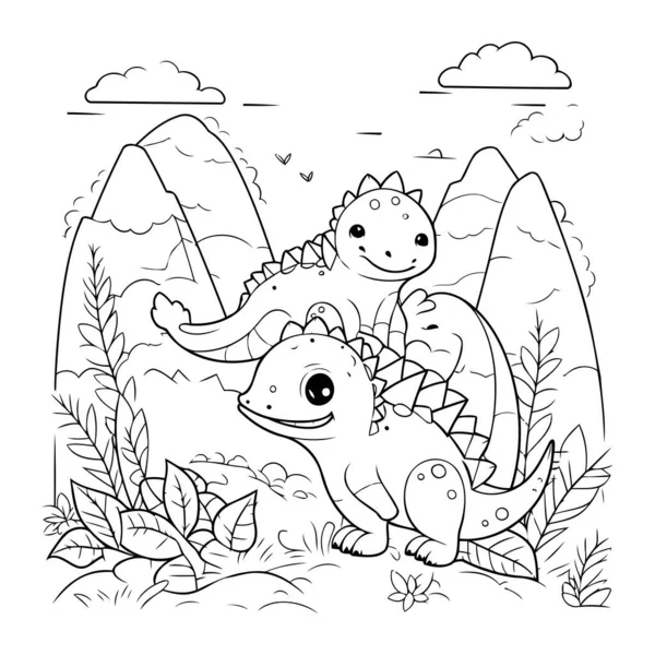 Cute Cartoon Dinosaurs Jungle Vector Illustration Coloring Book — Stock Vector