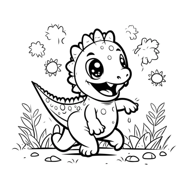 Cute Cartoon Dinosaur Garden Vector Illustration Coloring Book — Stock Vector