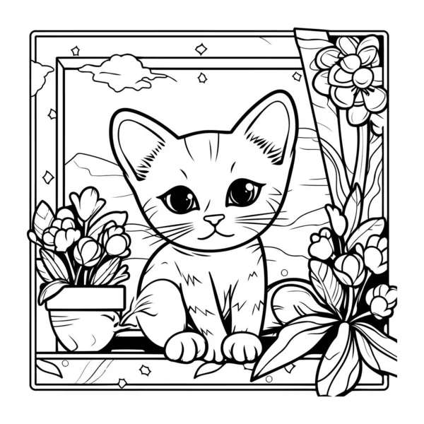 Cute coloring book with a cat in flowers Vector Image
