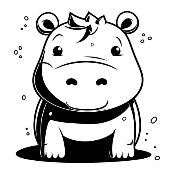 Tatlı Hippo Hayvan Karakterinin Siyah Beyaz Çizgi Filmleri — Stok Vektör