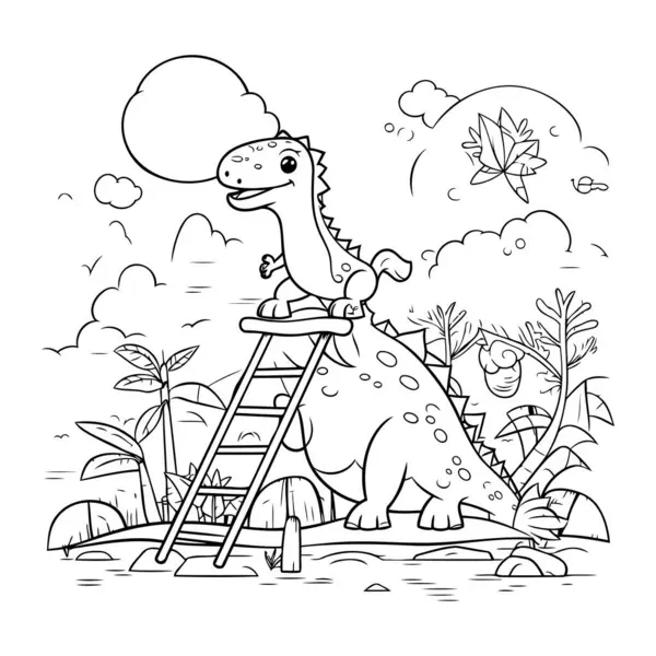 Coloring Page Outline Cute Dinosaur Ladder Vector — Stock Vector