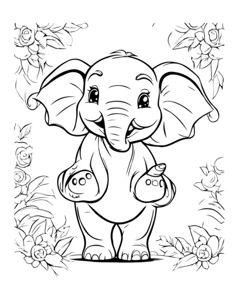 Coloring Page Outline Elephant Flowers Vector Illustration — Stock Vector