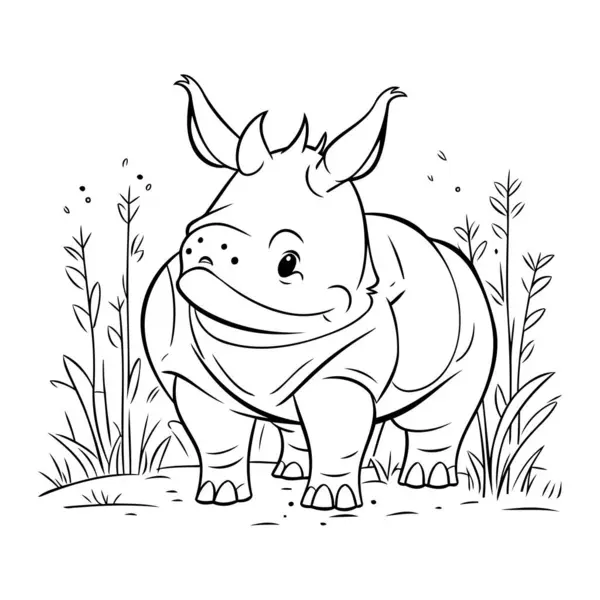 Rinoceronte Bonito Dos Desenhos Animados Ilustração Vetorial Preto Branco — Vetor de Stock