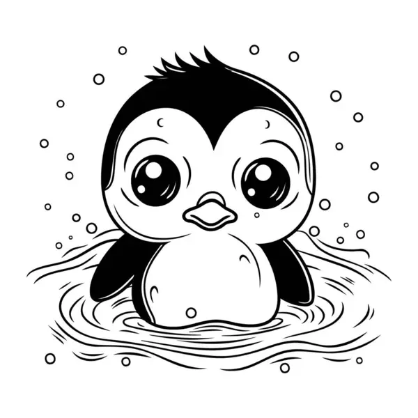 Χαριτωμένος Πιγκουίνος Κολυμπά Στο Νερό Ασπρόμαυρη Διανυσματική Απεικόνιση — Διανυσματικό Αρχείο