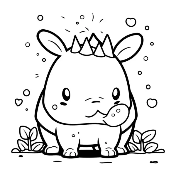 Czarno Biała Kreskówka Ilustracja Cute Rhinoceros Księżniczka Charakterystyka Zwierząt Kolorowanka — Wektor stockowy