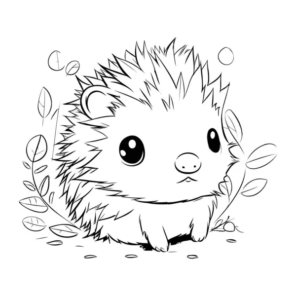 Cute Hedgehog Leaves Black White Vector Illustration — Stock Vector