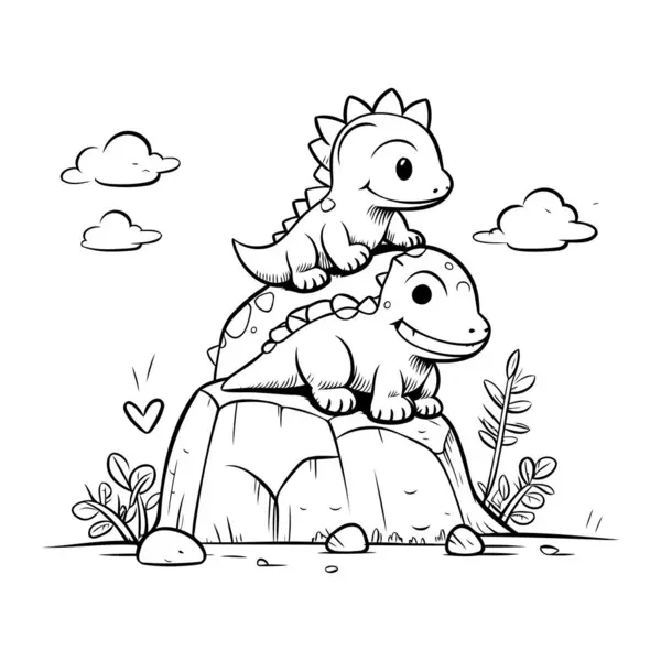 Cute Cartoon Dinosaurs Rock Vector Illustration Coloring Book — Stock Vector