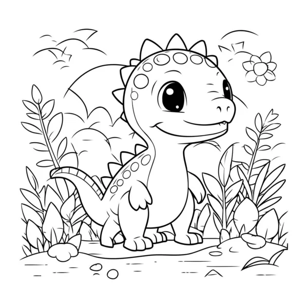 Şirin Dinozor Vektör İllüstrasyonunun Renkli Sayfa Özeti.