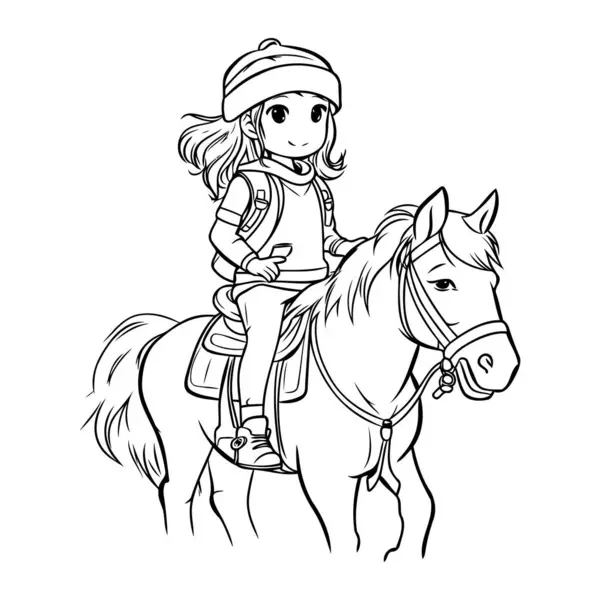 Cute Little Girl Riding Horse Black White Vector Illustration Coloring — Stock Vector