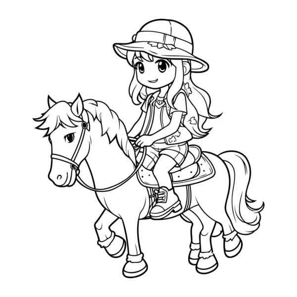 Coloring Page Outline Cute Little Girl Riding Horse — Stock Vector
