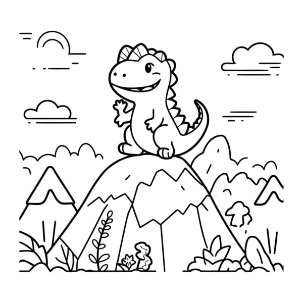 Niedlichen Cartoon Dinosaurier Sitzt Auf Der Spitze Des Berges Vektorillustration — Stockvektor