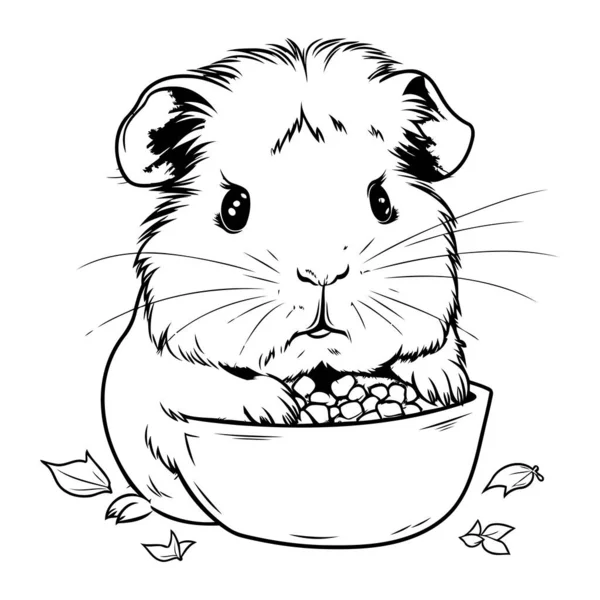 Hamster Bowl Food Black White Vector Illustration — Stock Vector