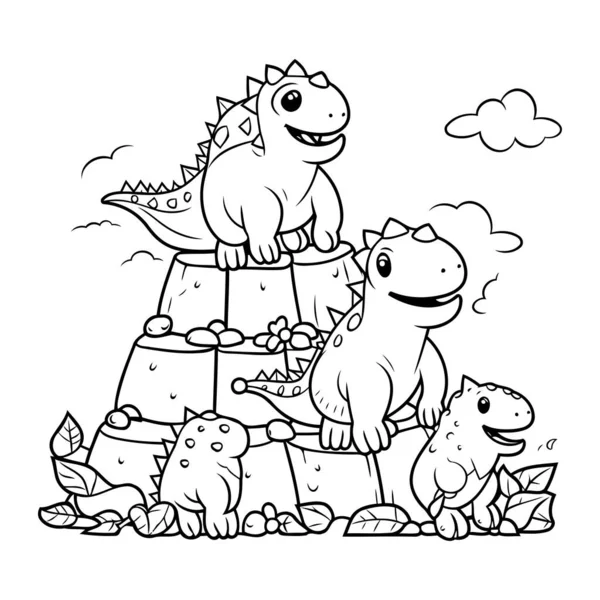 Malbuch Für Kinder Dinosaurier Auf Dem Stein Vektorillustration — Stockvektor