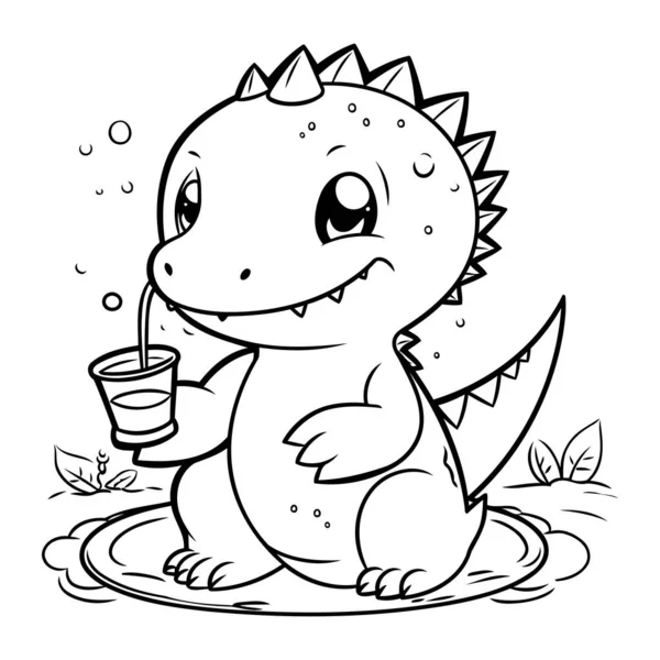 Black White Cartoon Illustration Cute Dinosaur Drinking Water Coloring Book — Stock Vector