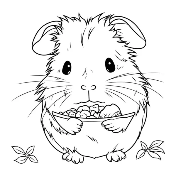 Cute Hamster Bowl Dry Food Black White Vector Illustration — Stock Vector