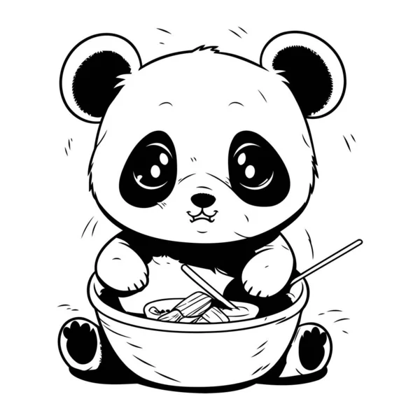 Mignon Ours Panda Mangeant Bol Riz Illustration Vectorielle Noir Blanc — Image vectorielle