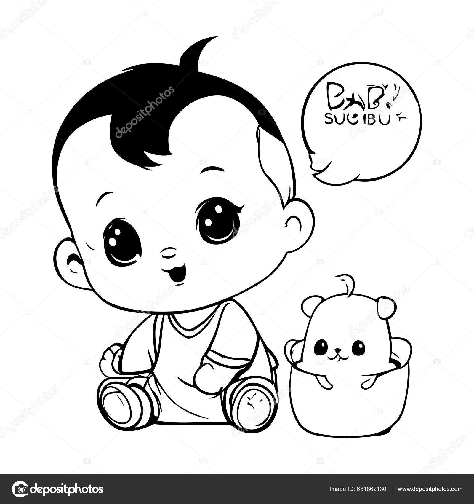 Cute Baby Boy Playing Toys Black White Vector Illustration Stock Vector
