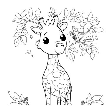 Çocuklar için boyama kitabı. Çiçekli ve yapraklı şirin zürafa