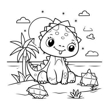 Kumsaldaki sevimli dinozor Kawaii karakter çizimi tasarımı