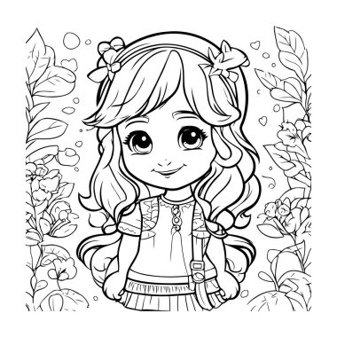 Çiçekli şirin çizgi film kızı. Boyama kitabı için Vektör illüstrasyonu.
