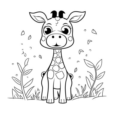 şirin zürafa hayvan çizgi film vektör çizimi grafik tasarımı siyah ve beyaz