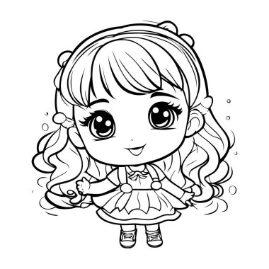 Sevimli Küçük Kız Vektör İllüstrasyonunun Renkli Sayfa Özeti.