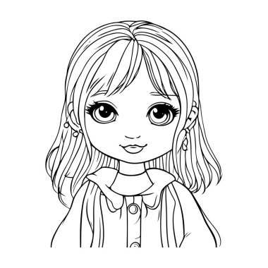 Uzun saçlı sevimli çizgi film kızı. Boyama kitabı için vektör illüstrasyonu.