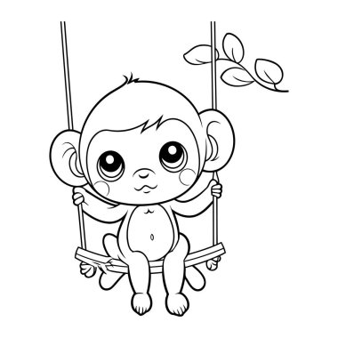 Salıncakta sallanan sevimli bebek maymun. Boyama kitabı için Vektör illüstrasyonu.