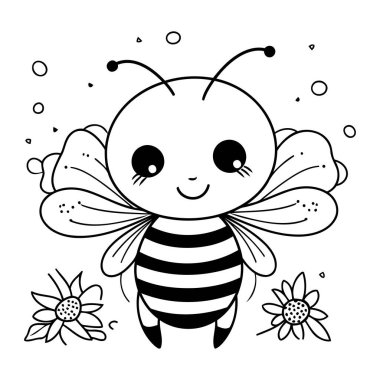 Çiçekli şirin küçük arı Kawaii karakter çizimi tasarımı