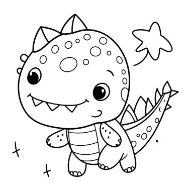 Şirin Dinozor Vektör İllüstrasyonunun Renkli Sayfa Özeti.