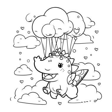 Siyah ve Beyaz Çizgi Film: Renkli Kitap İçin Paraşütle Uçan Şirin Dinozorun Çizimi