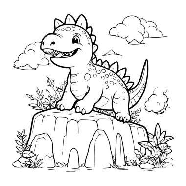 Kayanın üzerinde oturan sevimli dinozor. Vektör çizimi. Çocuklar için boyama kitabı.