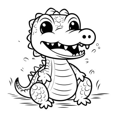 Tatlı timsah çizgi filmi. Boyama kitabı için siyah ve beyaz vektör çizimi.