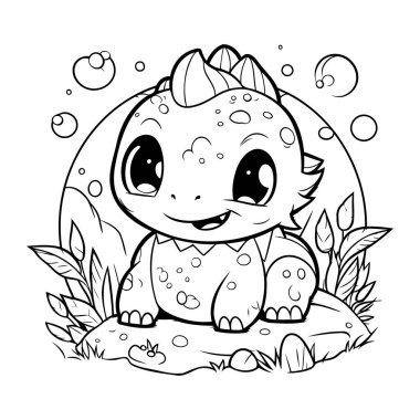 Şirin Dinozor Vektör İllüstrasyonunun Renkli Sayfa Özeti.