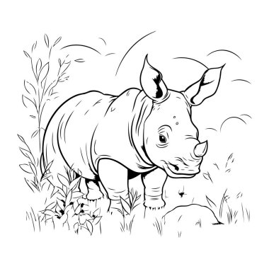 Otların arasında gergedan var. Siyah ve beyaz vektör çizimi.