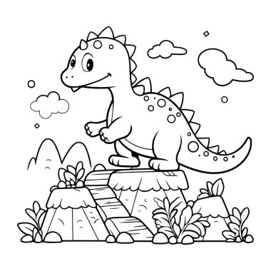 Şirin Dinozor Vektör İllüstrasyonunun Renkli Sayfa Özeti.