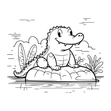 Bir kayanın üzerinde çizgi film timsahı. Renklendirme sayfası için vektör illüstrasyonu