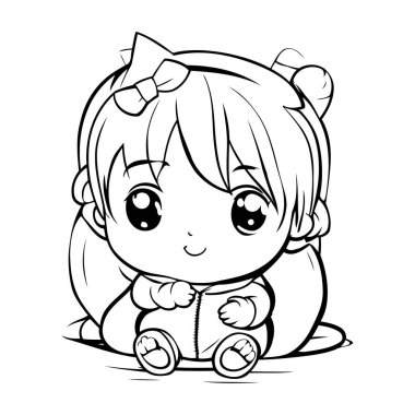 Siyah ve Beyaz Çizgi Film Çizgi Filmi Boyama Kitabı Sevimli Küçük Kız Karakteri