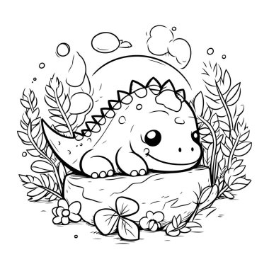 Kütüğün üzerinde oturan sevimli Stegosaurus dinozoru. Vektör illüstrasyonu.