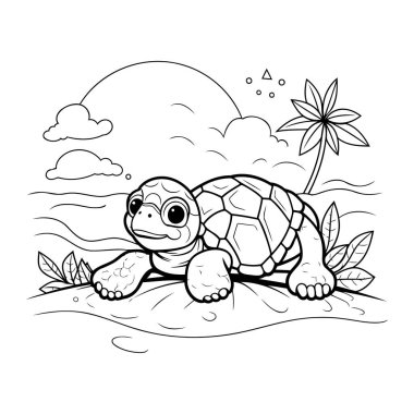 Çocuklar için boyama kitabı. Kumsaldaki kaplumbağa. Vektör illüstrasyonu