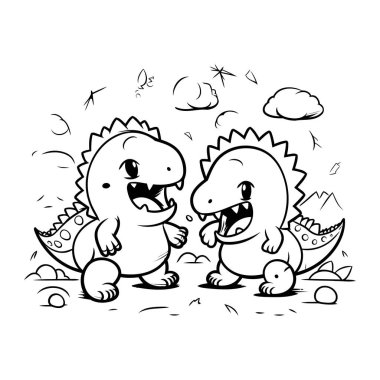 Dondurma yiyen iki sevimli dinozorun siyah beyaz çizimi.