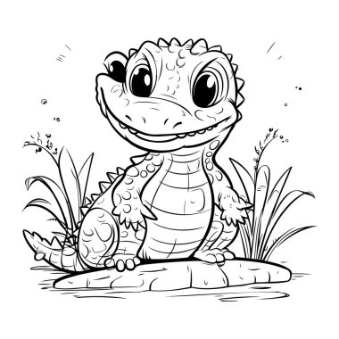 Kışlık giysiler içinde sevimli bir çocuk. Siyah ve beyaz vektör çizimi.