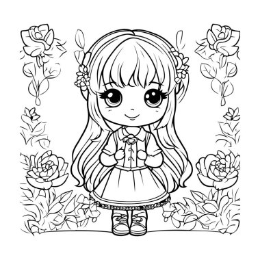 Çiçekli şirin küçük kız. Boyama kitabı için Vektör illüstrasyonu.