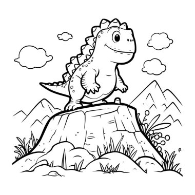 Kayanın üzerinde sevimli bir karikatür dinozor. Çocuklar için boyama sayfası
