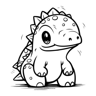 Kızgın ve işaret eden küçük bir dinozorun karikatür çizimi. Satır sanatı.