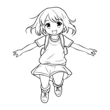 Tatlı küçük kız atlıyor. Küçük mutlu bir kızın zıplamasının vektör çizimi.