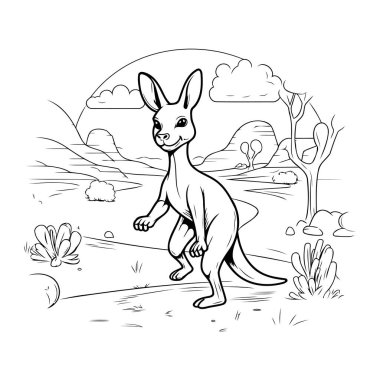 Vahşi doğada kanguru. Siyah ve beyaz vektör çizimi.